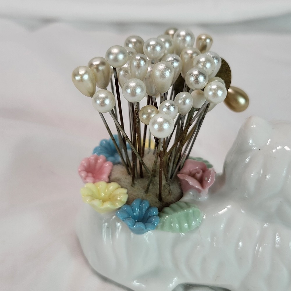 Vintage Ceramic White Cat Pin Cushion with Pearlized Hat Pins Floral Detail - Picture 8 of 13
